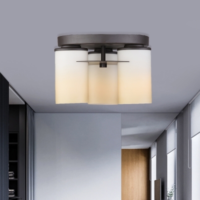 Rustic Cylinder Semi Flush Mount Light 3-Light Ombre Amber Glass Ceiling Flush in White