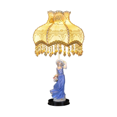 Scallop Bedside Nightstand Light Pastoral Fabric 1-Light Beige Table Lamp with Maiden Statue Pedestal
