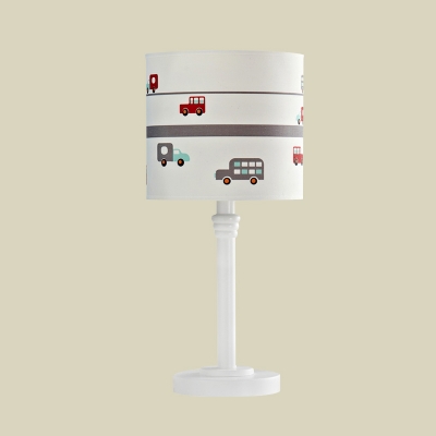Simplicity Barrel Night Light Car-Print Fabric Single Bulb Bedroom Table Lamp in White