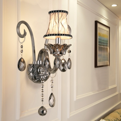 Smoke Grey Curved Tube Glass Sconce Traditional 1/2-Bulb Corridor Wall Light Kit with Flared Fabric Shade