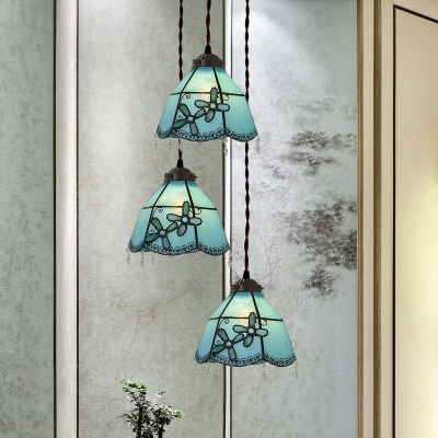 Tiffany Bell Shade Drop Pendant 3 Heads Pink/Light Blue-White/Dark Blue Glass Hanging Lamp with Flower/Grapes Pattern