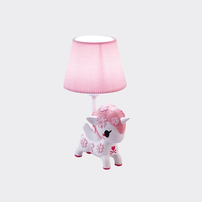 Unicorn Girl's Bedside Table Lamp Resin 1 Head Cartoon Nightstand Light with Cone Pleated Fabric Shade in Pink