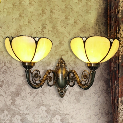 Vintage Petals Wall Lamp 2 Bulbs Beige Glass Sconce Lighting with Carved Swirl Arm