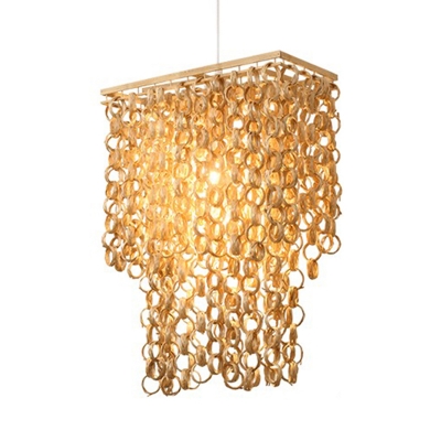 Waterfall Restaurant Suspension Light Bamboo Rattan 2-Bulb Asia Hanging Chandelier with Rectabgle/Round Design in Beige
