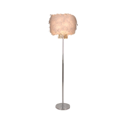 White Drum Stand Up Light Simplicity Feather 1-Light Living Room Floor Lamp with Crystal Accent