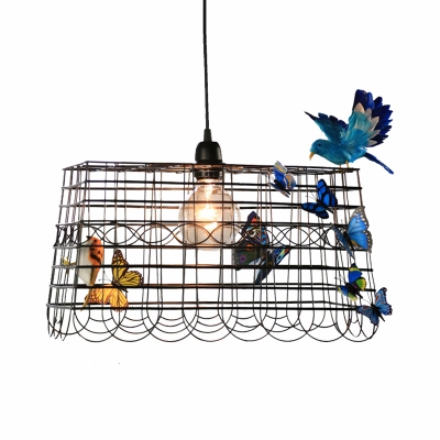 Wire Cage Metal Ceiling Lamp Pastoral 1 Bulb Bedroom Pendant in Black with Butterfly and Bird Decor