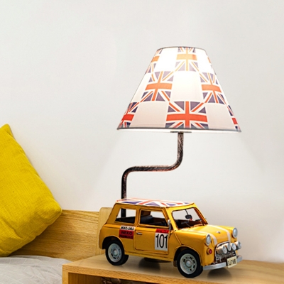 Yellow Jeep Table Lighting Kids Style 1 Bulb Resin Night Lamp with Print Fabric Shade