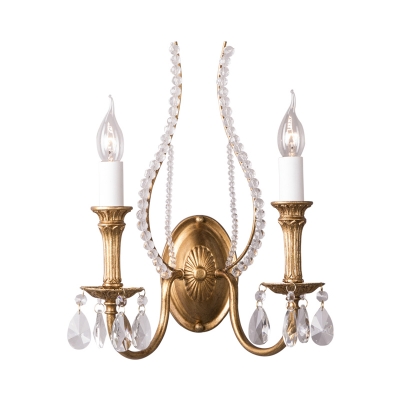 1/2-Bulb Candle Wall Sconce Traditional Gold Metal Wall Mount Light with Crystal Accent