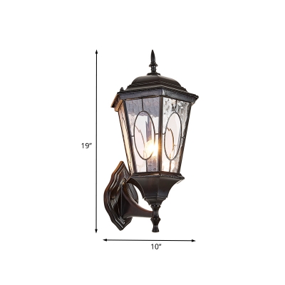 1-Bulb Wall Mounted Lamp Country Outdoor Wall Sconce with Lantern Clear Ripple Glass Shade in Black