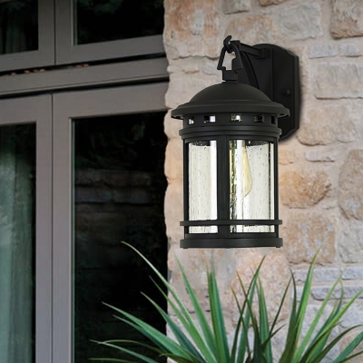 1-Head Wall Lighting Country Outdoor Wall Hanging Light with Cylinder Clear Seeded Glass Shade in Black/Coffee