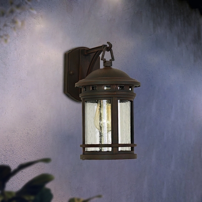 1-Head Wall Lighting Country Outdoor Wall Hanging Light with Cylinder Clear Seeded Glass Shade in Black/Coffee