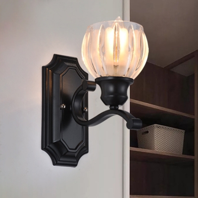 1 Light Clear Ribbed Glass Wall Mounted Lamp Classic Style Black Domed Living Room Surface Wall Sconce with Swooping Arm
