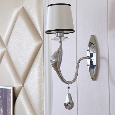 1 Light Pleated Fabric Wall Light Modern Chrome Finish Cylindrical Bedside Wall Lighting with Goosencek Arm