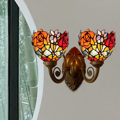 2-Bulb Bedroom Wall Light Kit Tiffany Bronze Wall Lighting with Blossom Stained Glass Shade