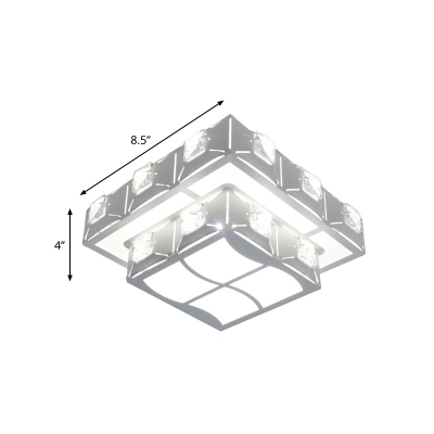2-Layer Square Crystal Ceiling Lamp Modernist LED Corridor Flush Mount Light in White