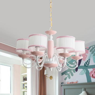 3/6 Heads Bedroom Hanging Lamp Macaron Pink/Blue Finish Ceiling Chandelier with Drum Fabric Shade