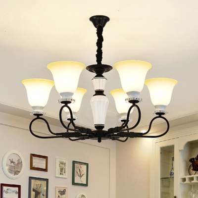 3/6 Lights Curved Arm Chandelier Light Rural Black Metal Hanging Pendant with Flared Frosted Glass Shade