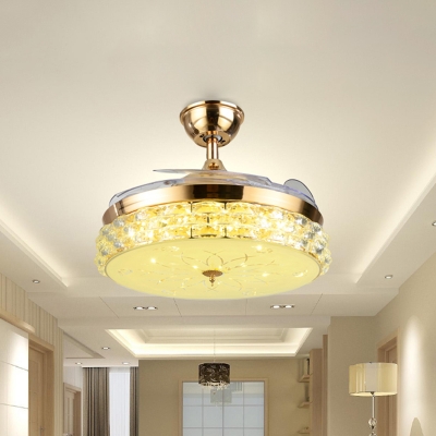 3-Blade Modernism Drum Semi Flush Lamp Fixture Faceted Crystal Living Room LED Hanging Fan Light in Gold, 42.5