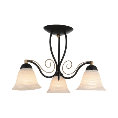 3-Bulb Bell Semi Mount Lighting Traditional White Ribbed Glass Ceiling Fixture with Swirl Arm