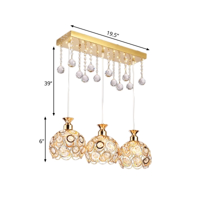 3 Bulbs Dining Room Cluster Pendant Light Contemporary Gold Hanging Lamp Kit with Etched Dome Crystal Shade