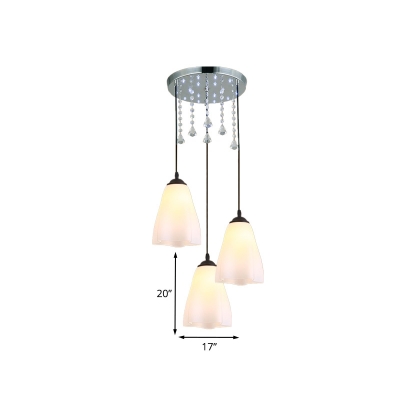 3 Heads Crystal Multi Light Pendant Simple Scalloped White Glass Hanging Lamp for Dining Room