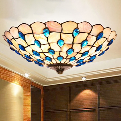3/4 Lights Flush Mount Lighting Tiffany Gridded Bowl Shell Ceiling Lamp with Blue Jewels, 16