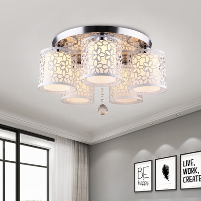 5-Bulb Crystal Ceiling Light Modern Chrome Cylinder Bedroom Flushmount with Dual-Layered Shade