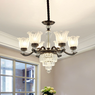 6/8 Heads Clear Glass Chandelier Lamp Modern Black Floral Living Room Pendant with Crystal Decor