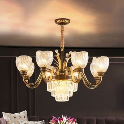 8 Bulbs Suspension Light Vintage Living Room Chandelier with Bud Clear Ribbed Glass Shade in Gold