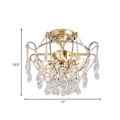 Antique Raindrop Semi Flush Light 4 Heads Crystal Flush Mount Lamp in Gold with Bowl Cage