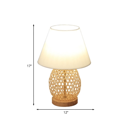 Bamboo Rattan Woven Oval Desk Lamp Asian Style Single Beige Night Light with White Fabric Shade
