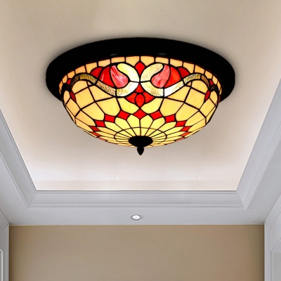 Baroque Wide Bowl Flushmount Lighting Handcrafted Stained Glass LED Ceiling Light in Black