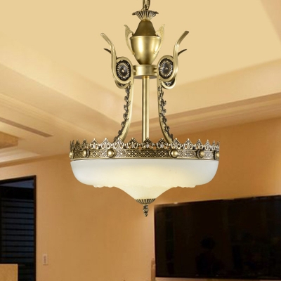 Beige/Bronze 3 Bulbs Hanging Lamp Antiqued Matte Glass Bowl Chandelier with Carved Trim, 12