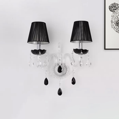 Black 2-Head Wall Sconce Light Vintage Pleated Fabric Conical Wall Lamp with Curved Glass Arm