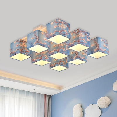 Blue 9 Lights Semi Flush Romantic Pastoral Fabric Cubic Flush Mount with Blossom Pattern