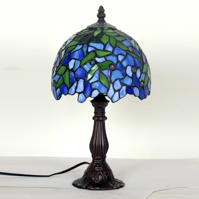 Blue Bowl Shade Night Table Light Tiffany Style 1 Light Stained Glass Bloom Pattern Desk Lamp with Coffee Base