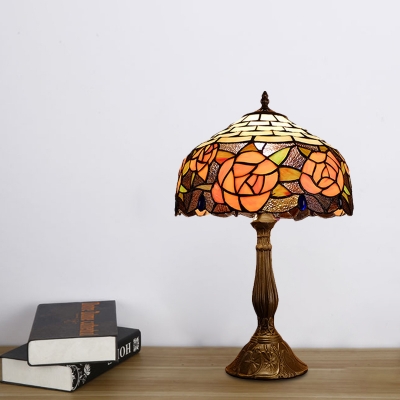 Bowl/Dome Night Table Light 1-Head Stained Glass Tiffany Nightstand Lamp in Red/Orange with Flower Pattern