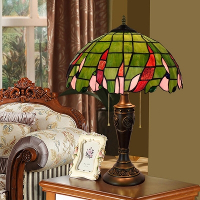 Bowl Night Lighting 2 Heads Stained Glass Mediterranean Nightstand Lamp in Green with Pull Chain