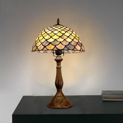 Bronze 1 Head Table Light Tiffany Stained Glass Fishscale Patterned Night Lamp for Bedside