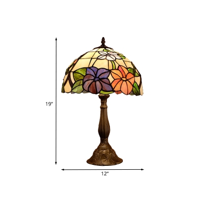 Bronze 1-Light Nightstand Light Mediterranean Stained Glass Domed Table Lighting with Flower Pattern