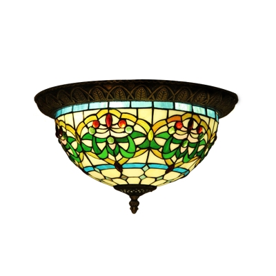 Bronze 2 Lights Flush Mounted Lamp Tiffany Stained Art Glass Bowl Shaped Ceiling Fixture