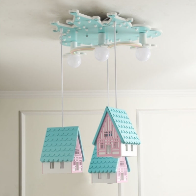 Cartoon House Semi-Flush Ceiling Light Wood 3 Lights Kids Room Flushmount Lamp in Blue