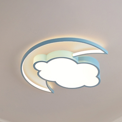 Cartoon LED Ceiling Light Fixture Pink/Blue Moon Hiding Behind Cloud Flush Mount with Acrylic Shade