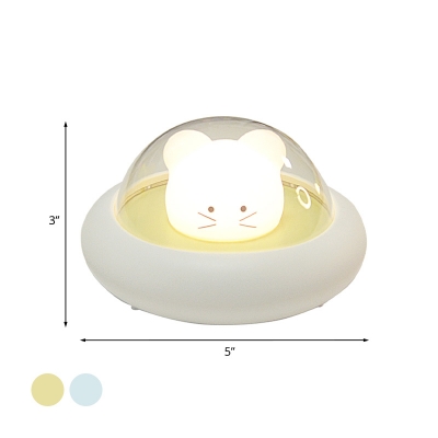 Cartoon LED Table Lamp White/Blue Mouse Sitting in UFO USB Night Stand Light with Plastic Shade
