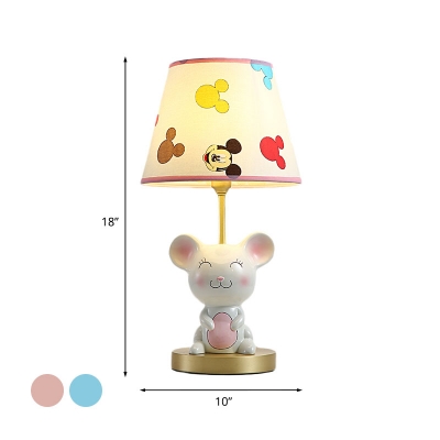 Cartoon Mouse Nightstand Lamp Resin 1 Bulb Bedroom Night Table Light with Fabric Shade in Pink/Blue