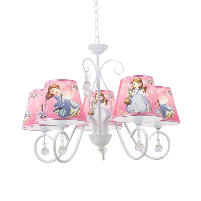 Cartoon Scroll Arm Chandelier Metal 5/6-Head Bedroom Pendant Ceiling Light with Shade in Pink/White