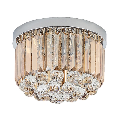 Chrome Finish 4-Bulb Flush Mount Simplicity Drum Crystal Small Ceiling Mounted Light