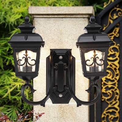 Clear Glass Lantern Wall Light Countryside 2-Bulb Outdoor Wall Sconce Lamp in Black