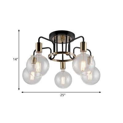 Clear Glass Spherical Semi Flush Light Countryside 3/5 Heads Living Room Close to Ceiling Lamp