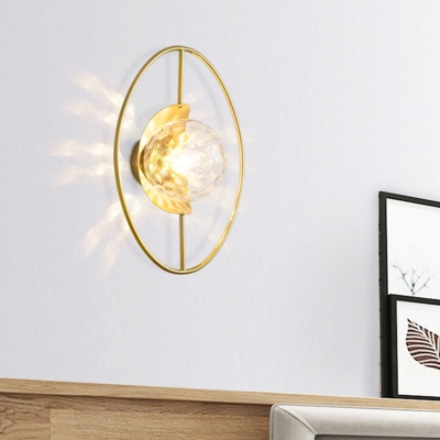 Clear Hammered Glass Ball Wall Light Modern 1-Light Sconce with Circle Cross Arm in Black/Gold